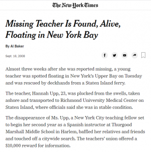 Notícia publicada no NYT quando ela foi encontrada